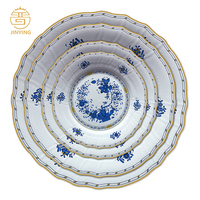 Service de table de luxe en porcelaine fine avec motif floral bleu et or véritable, ensemble d'assiettes opulentes pour mariage