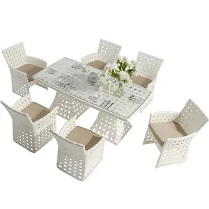 Ensemble Table et chaises en rotin blanc, mobilier de Patio et d'extérieur, de jardin, en osier, prévente