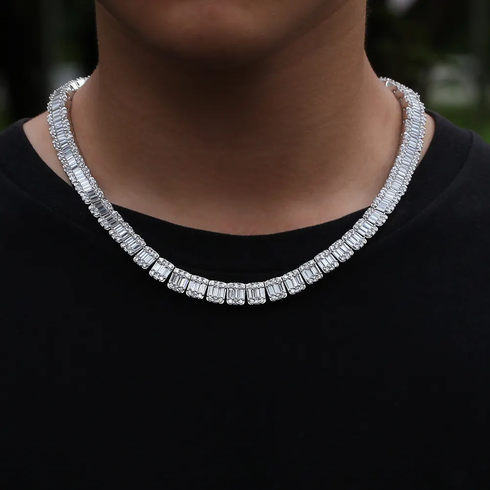 Mens Silver Chain Necklace Hip Hop Men's Necklace Jewelry Iced Out CZ Baguette Silver Square Tennis Chain Copper Man Necklace
