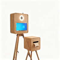 Photomaton vintage en bois sur trépied avec écran tactile, anneau lumineux et système Windows pour événements et locations de fêtes
