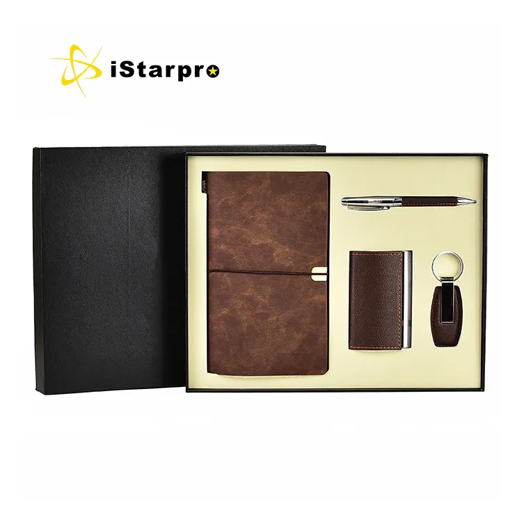 IStarpro Logo personalizzato pubblicità promozionale PU Leather Notebook Pen portachiavi porta biglietti da visita classico Set regalo 4 In 1