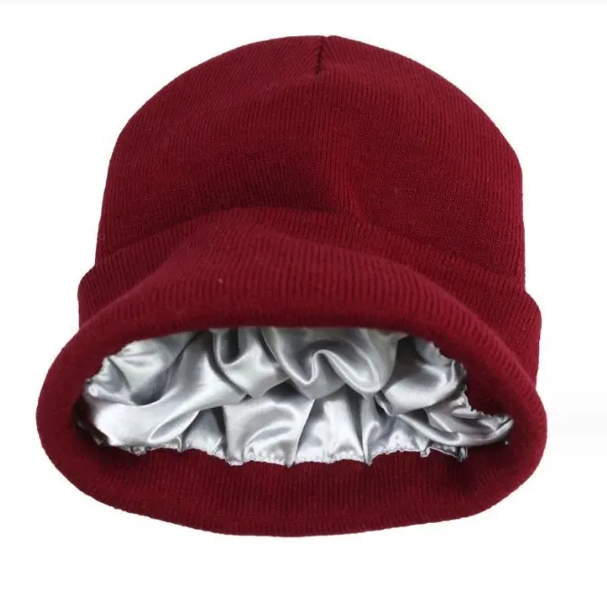 Benutzer definierte Winter Damen Satin Strick mütze Einfarbige Winter mütze Acryl Satin Wolle Mützen mit Satin Futter Unisex Erwachsene Bild