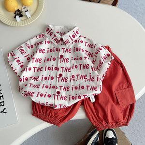 Nouvel ensemble 2 pièces pour garçon 2026 : <span class=keywords><strong>chemise</strong></span> blanche à manches courtes avec imprimé lettres et short <span class=keywords><strong>orange</strong></span> - Product Image 1