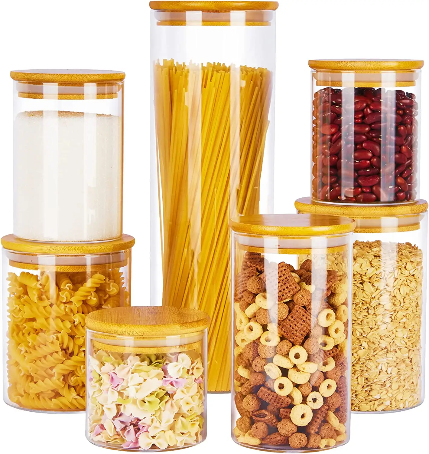 Bouteilles et bocaux de stockage d'usine récipient de stockage des aliments avec couvercle en bambou hermétique bocal en verre transparent Borosilicate