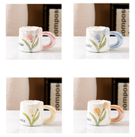 Tasses à café en céramique tulipe créatives et uniques 380 ml, écologiques, en porcelaine, avec cuillère jetable, compatibles lave-vaisselle et micro-ondes, 4 couleurs