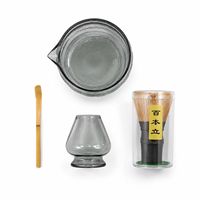 Ensemble de bols à matcha en verre transparent gris avec gravure laser, design texture pierre et glaçure, avec fouet et cuillère en bambou, accessoires pour le thé