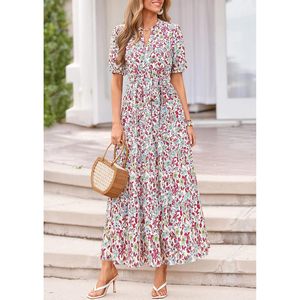 Robe longue d'été pour femme, style bohème, à fleurs, manches courtes, col en V, coupe trapèze, tenue décontractée pour la plage et les vacances - Product Image 6