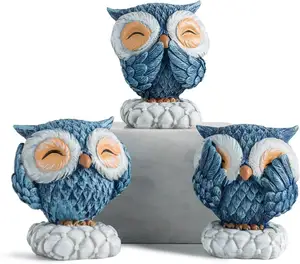 AWNR 3 Pcs Blue Owl Decor for Home Accents, Statue Cute Shelf Living Room Bookshelf ations Sculpture Lover Gifts
