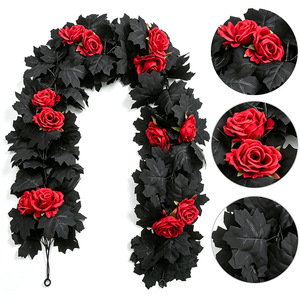 Guirlande de roses artificielles Zongwang pour Halloween, feuilles noires, fleurs rouges, 180 cm, décoration intérieure et extérieure - Product Image 5