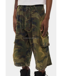 Nouveauté 2026 avec étiquettes Short cargo tactique en coton surdimensionné, coupe ample, longueur genou, effet usé, camouflage vert pour <span class=keywords><strong>homme</strong></span> - Product Image 3