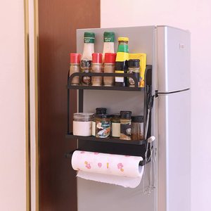 Magnetic Spice Rack Organizer 2 Tier Refrigerator Storage Shelf with Paper Towel Holder and Removable Hooks