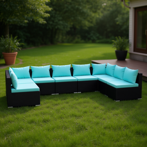 Ensemble de salon de jardin en rotin noir 10 places, mobilier d'extérieur au design contemporain, coussins bleu ciel - Product Image 2