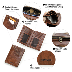 Cartera Bifold de Cuero de Grano Completo Estilo Denim de Contact's con Protección RFID, Múltiples Ranuras para Tarjetas, 2 Ventanas de Malla para Identificación y Bolsillo con Cremallera para Monedas para <span class=keywords><strong>Hombre</strong></span> - Product Image 6