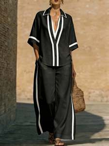 Set con finiture a contrasto per un brunch rilassato, <span class=keywords><strong>camicia</strong></span> casual con scollo a V <span class=keywords><strong>e</strong></span> <span class=keywords><strong>pantaloni</strong></span> a gamba larga - Product Image 4
