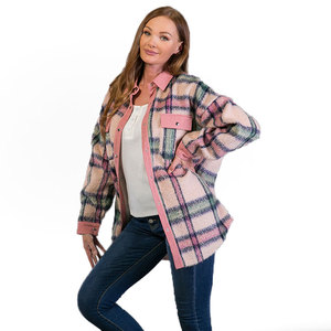 Veste d'automne en flanelle pour femmes, manteau rose à carreaux, à boutons, collection 2022 - Product Image 3