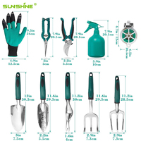 SUNSHINE Ensemble d'outils de jardin 11 pièces en alliage d'aluminium robuste, avec truelle extra-épaisse de 3 mm, râteau, sécateur, gants à griffes, sac de transport – Idéal comme cadeau