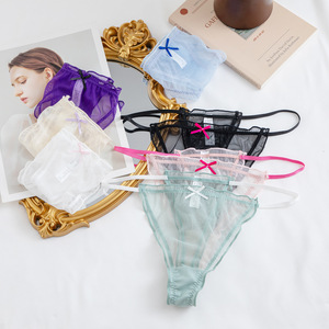 <b>Women</b> Low-Rise Sheer Mesh Knitted <b>Thong</b> Panties Contrast Color Thin Strap Bow Decor Sexy T-back Underwear Wholesale Intimate - Product Image 2