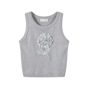 Camisola Gris sin Mangas de Punto con Adorno de Flores 3D, Top Interior para Mujer, Primavera-Verano - Product Image 1