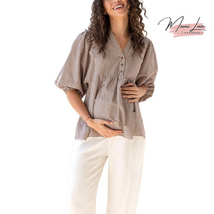 Chemise à manches courtes en coton uni à col en V avec boutons pour la maternité et l'allaitement, chemisier d'allaitement pour femmes enceintes - Product Image 1