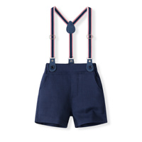 Catpapa - Conjunto de 3 piezas para bebé niño: Body con ribete, pantalón corto con tirantes azul marino y pajarita - Traje de caballero para bautizo o fiesta