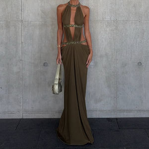 Vestido largo halter con aberturas para mujer, sin espalda, con pedrería, sin mangas, elegante, para fiesta de noche, formal - Product Image 2