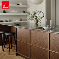 Armoire de cuisine Alland Nordic Atmosphere Clean Lines en acier inoxydable avec plan de travail en placage de noyer noir pour maison de ville d'architecte