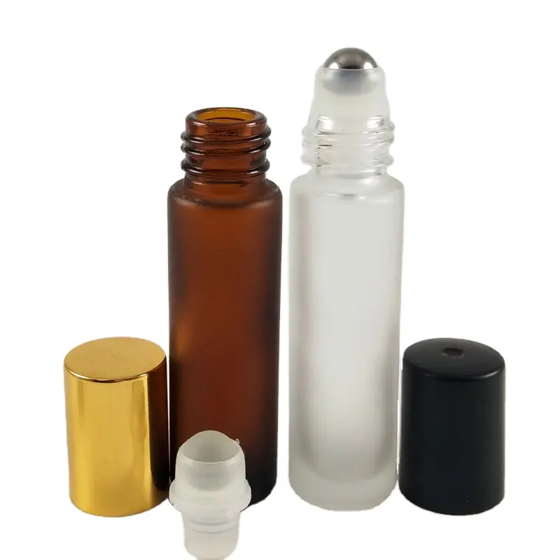 amber clear Matte roller ball perfume bottle 10ml 5ml roll-on glass essential oil bottle with golden silver cap