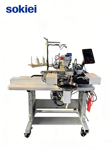 Máquina <span class=keywords><strong>de</strong></span> coser industrial programable Sokiei <span class=keywords><strong>de</strong></span> cama plana para dobladillos <span class=keywords><strong>de</strong></span> ropa interior, triple aguja, puntada interlock, con rodamientos - Product Image 1