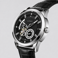 Montre mécanique lumineuse avec fermoir à boucle ardillon, boîtier en alliage, bracelet en cuir véritable, étanche 30M, design de luxe et tendance pour