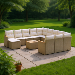 Ensemble de canapés de jardin modulaires en rotin beige avec coussins en mousse haute densité, mobilier d'extérieur au design contemporain - Product Image 2