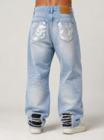 Jean baggy streetwear personnalisé 14oz pour homme, coupe large, denim bicolore hybride noir devant et bleu derrière, double genouillère, délavé à l'acide