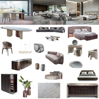 Ensemble de salle à manger de luxe moderne avec vue sur l'océan, table ovale en marbre beige, base asymétrique dorée, 8 places, solution clé en main complète