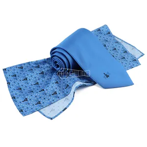 Blue Polyester Jacquard Necktie Print Machine Rolled Handkerchief Logo Satin Fabric Wholesale Tie With Pocket Square