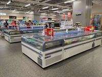 Congélateur coffre commercial pour supermarché, pour aliments surgelés, avec dégivrage automatique, contrôle numérique, refroidissement direct, vitre coulissante et éclairage LED