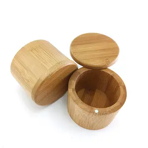 圆形竹茶香料盐胡椒罐盒带磁性旋转盖的竹制储物盒