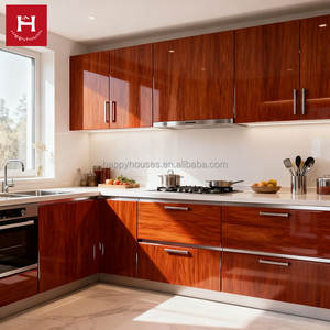 HAPPY HOUSES Ensemble d'armoires de cuisine complètes en placage de bois de style ferme, finition naturelle, taille personnalisable avec étagères pour maison de campagne - Product Image 1