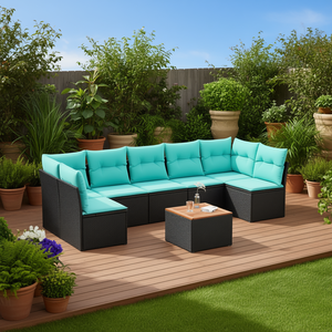 Ensemble de canapés de patio en polyrotin noir avec coussins, mobilier d'extérieur pour 8 personnes, style contemporain, design moderne - Product Image 2