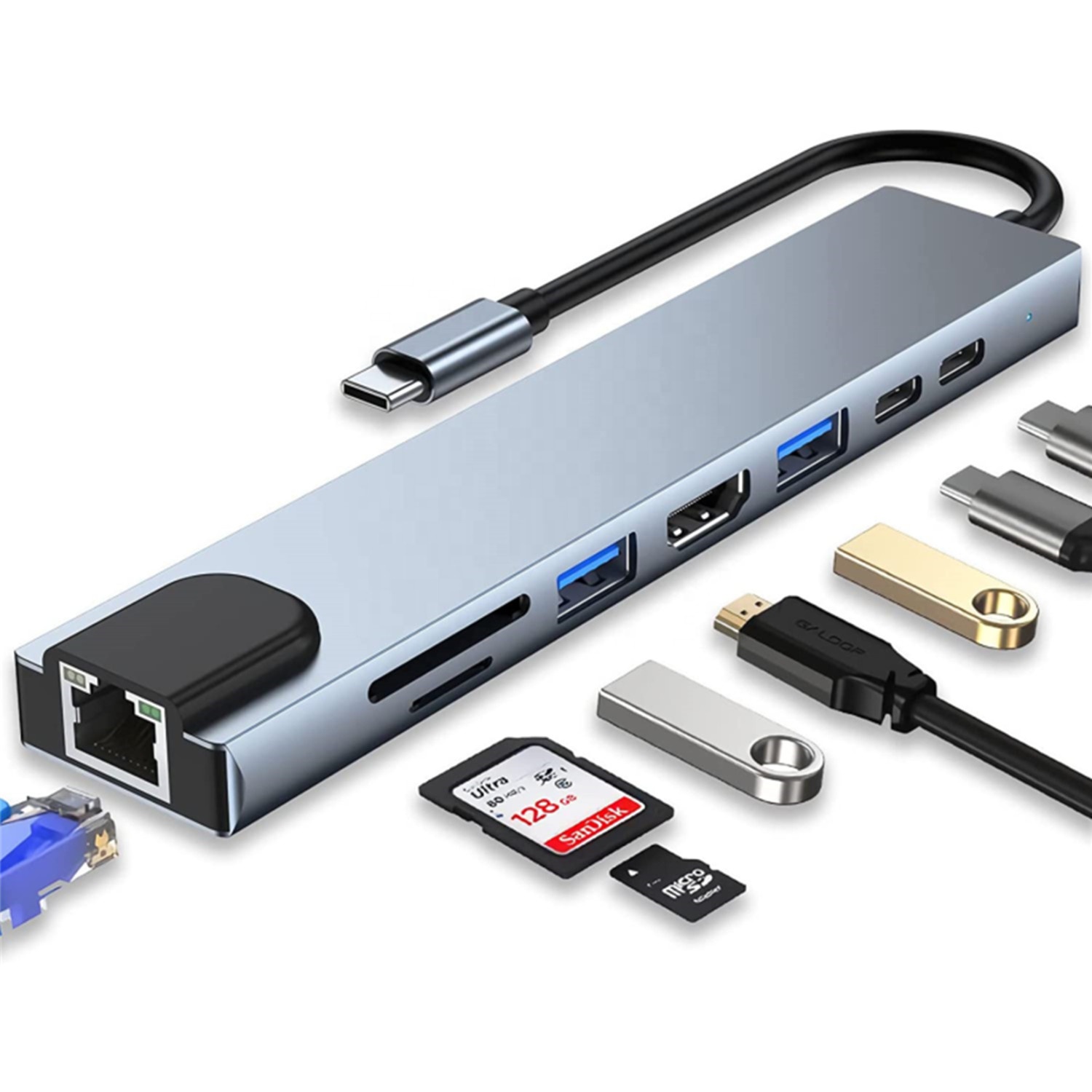 8 ב 1 USB סוג C כדי RJ45 Ethernet מתאם Hub עם 4K HDMI,TF/ SD כרטיס קורא, USB-C, פ"ד טעינה, 2 USB-A עבור MacBook ועוד