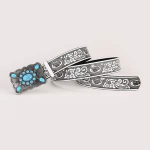 เข็มขัดเทอร์ควอยซ์สีฟ้าแบบกว้างของผู้หญิงวินเทจหัวเข็มขัดโลหะผสมทรงสี่เหลี่ยมสไตล์พื้นเมืองดีไซน์ตะวันตกทำจากหนังแท้ PU ของปากีสถาน - Product Image 3