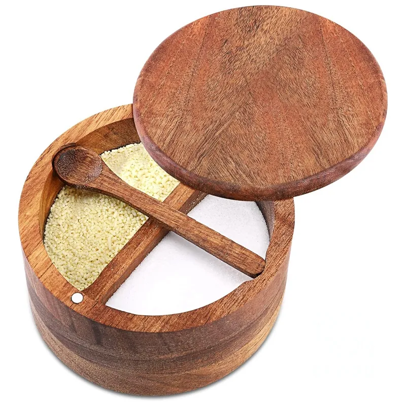 Acacia Wood Salt and Pepper Bowl, Nature Wood Salt Cellar and Spices Storage Box With Built-in Spoon and Magnetic Swivel Lid