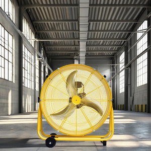 Ventilateur cylindrique portable en métal jaune de 30 pouces, 3 pales courbées, refroidissement par air, utilisation extérieure, domestique, garage, hôtel, industrie, montage au sol - Product Image 3