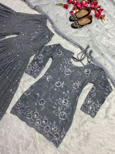 Robe de créateur Georgette Matériel Sharara Beautiful Heavy Designer Boutique Dresses Collection Sharara Suit With Short Kameez - Product Image 6