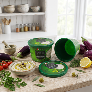 Pot rond en plastique de 500g avec couvercle pour emballage de pâtes (hummus, harissa, muham, labneh, tzatziki, baba ghanoush) et sauces orientales - Product Image 1
