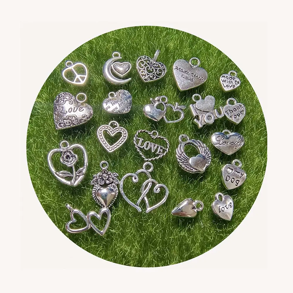 New Fashion Assorted 100 pcs Mix Silver Heart Beads Charms Pendants For Jewelry Making Valentine's Day Wedding Heart Charms