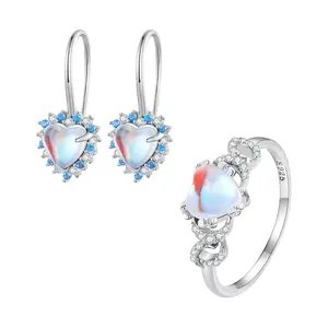 925 sterling silver jewelry set heart moonstone earrings and heart moonstone rings for women girls