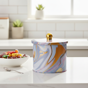 Recipiente de Metal Redondo con Mango de Perilla de 1.7L, 140x125mm, Textura de Mármol Rosa y Dorado, Latas de Metal de 140x125mm - Product Image 3