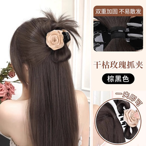 Peluca de moño medio recogido con plumas y clip de rosa, extensión de cabello de cola de caballo marrón con rosa - Product Image 3