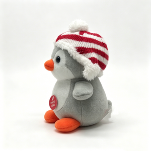 Customized Penguin plush toy, winter penguin stuffed animal, cute gray penguin plush with red knit hat, festive <b>holiday</b> penguin - Product Image 5