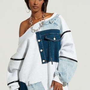 Abbigliamento donna personalizzato elasticizzato cotone misto maniche lunghe con spalle scoperte <span class=keywords><strong>a</strong></span> coste <span class=keywords><strong>in</strong></span> <span class=keywords><strong>maglia</strong></span> con orlo <span class=keywords><strong>in</strong></span> Denim Patchwork Mini abito - Product Image 3