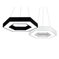 Lampu Gantung LED Heksagonal Persegi Modern, Tinggi Dapat Disesuaikan, Logam Hitam untuk Gedung Perkantoran
